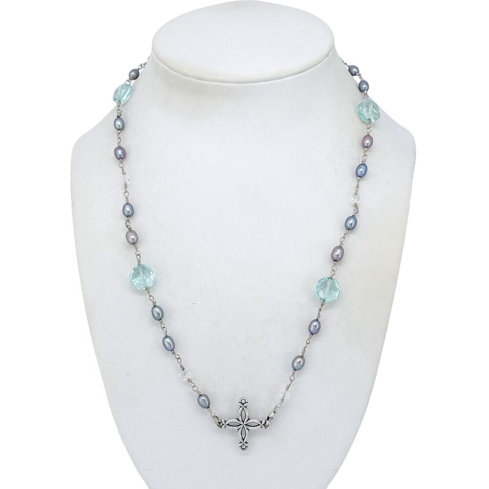 Vintage Sterling Silver 925 Gray Pearl & Blue Glass Bead Cross Necklace | 19"